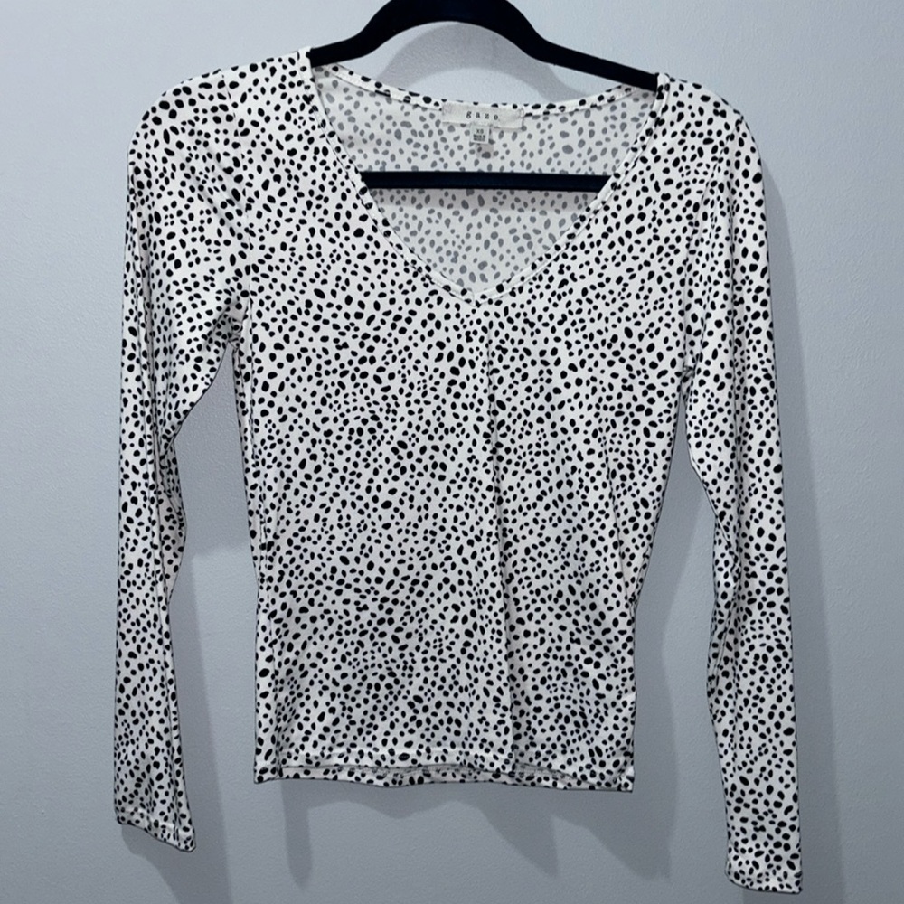 White V Neck Long Sleeve with Black polka dots